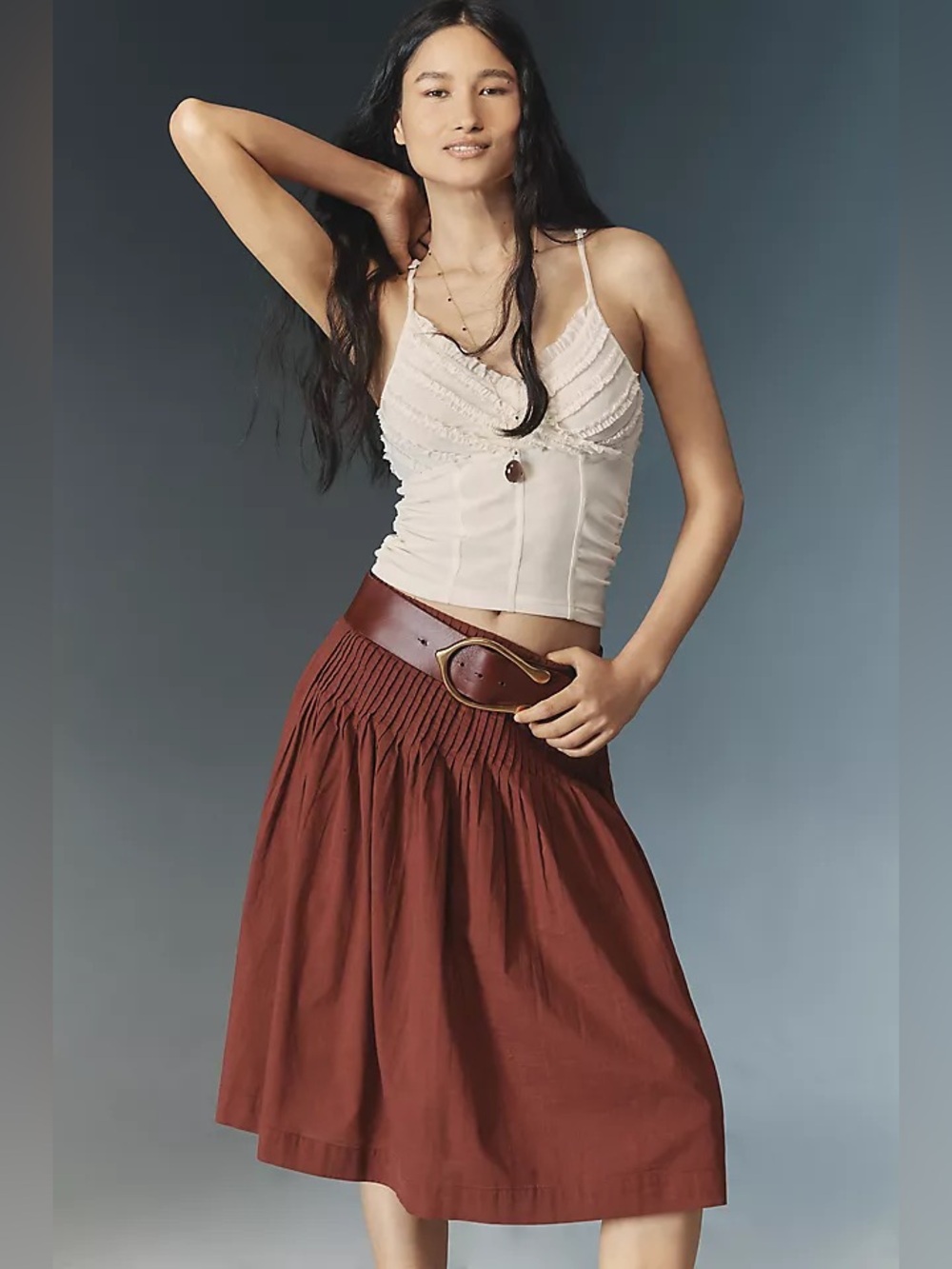 Anthropologie Rust Low Rise Pleated Midi Skirt XS